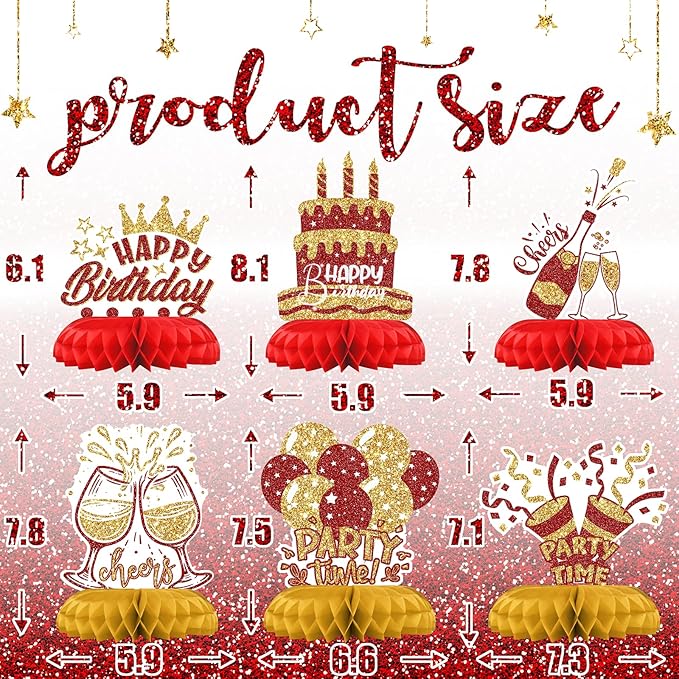 Red and Gold Birthday Decorations – 12PCS Honeycomb Table Centerpieces for Men Women Adults – Happy Birthday Table Decor Party Supplies