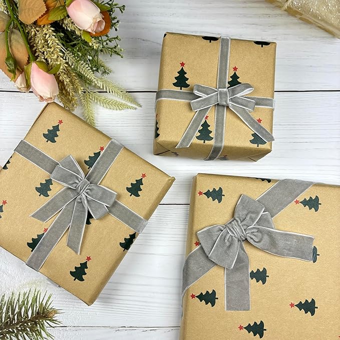 Thin Silver Velvet Ribbon Set, 3 Rolls Vintage Grey Velvet Ribbon for Gift Wrapping,Thick Gray Christmas Ribbons for Christmas Tree Ornaments, Holiday Wreaths, 3/8, 5/8, 1 inch Wide, 30 Yards Total