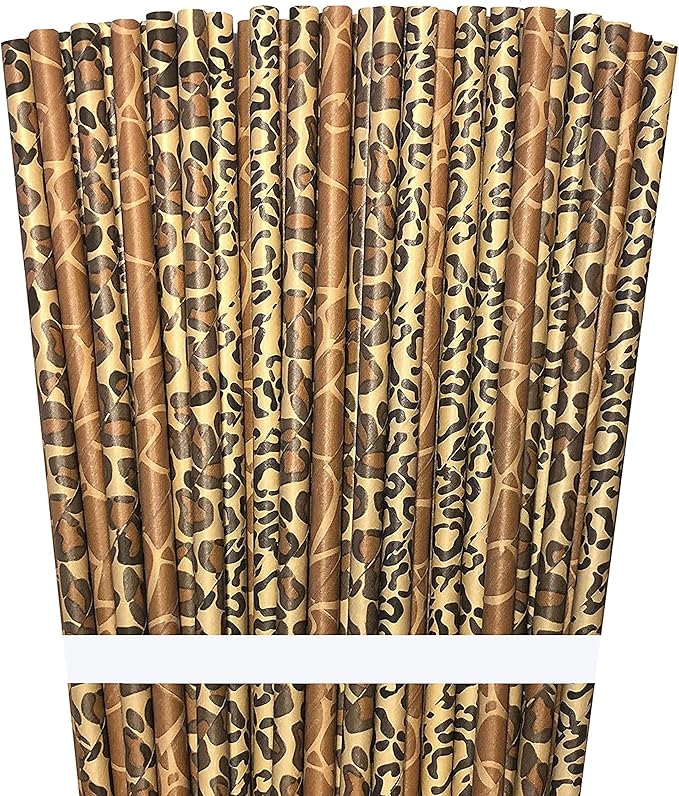 Animal Print Paper Straws - Safari Theme - Leopard Giraffe Cheetah Print - Black Brown Tan - 100 Pack Outside the Box Papers Brand