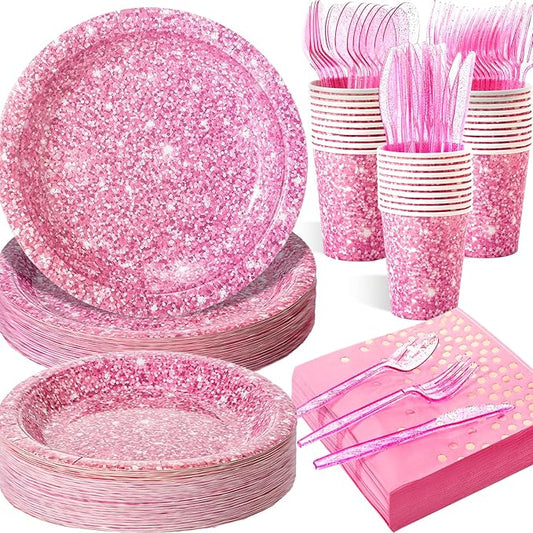 Hushee 175 Pcs Pink Holographic Print Party Supplies Guests Disposable Dinnerware Set Include Paper Plates, Napkins, Cups, Plastic Cutlery for Wedding Birthday Disco Bachelorette