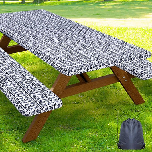 Smiry Picnic Table Cover with Bench Covers, Waterproof Elastic Fitted Tablecloth for 6 Foot Tables, Washable Polyester Tablecloths for Camping, Indoor & Outdoor (Indigo & White, 30x72 Inch 3-pc Set)