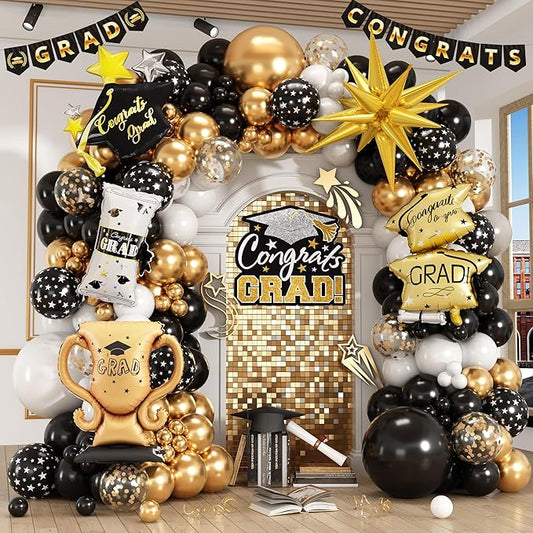 Graduation Balloon Arch Kit Black Gold White Grad Balloons with Explosion Star,Diploma,Trophy,Grad Hat Foil Balloon for Class of 2026 Graduates Celebration Party Decoration (Graduation Black)