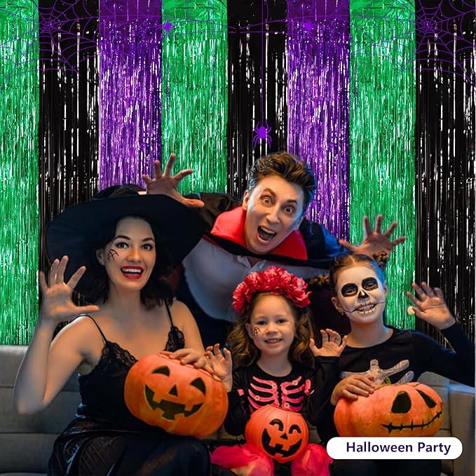 BEISHIDA 3Pcs Purple Green Black Door Streamer Backdrop Foil Fringe Tinsel Curtains Backdrops for Monster Truck Theme Birthday Party, Halloween Party Supplies (3.28 ft x 6.56 ft)