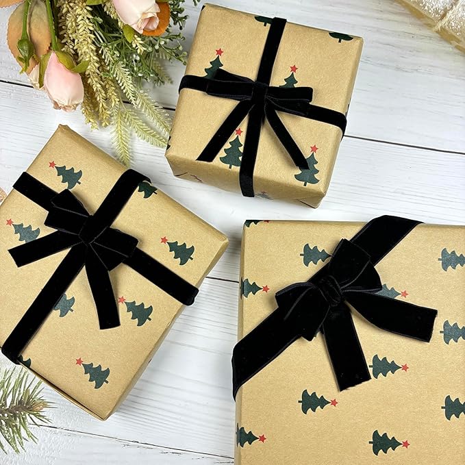 Black Velvet Ribbon, Vintage Christmas Velvet Ribbon for Gift Wrapping Christmas Tree Ornaments, 3 Rolls 3/8, 5/8, 1 inch Wide, 30 Yards Totally, Craft Ribbons Trim for Wedding Invitations, Wreaths