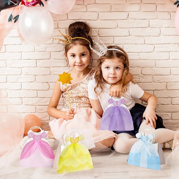 Cheerland Princess Party Gift Bags Ball Gown Dress Shaped Goodie Treat Bag Royal Theme Decorations for Baby Shower Gender Reveal Girl Sleepover Princess Themed Birthday Party Favor Supplies 4pcs