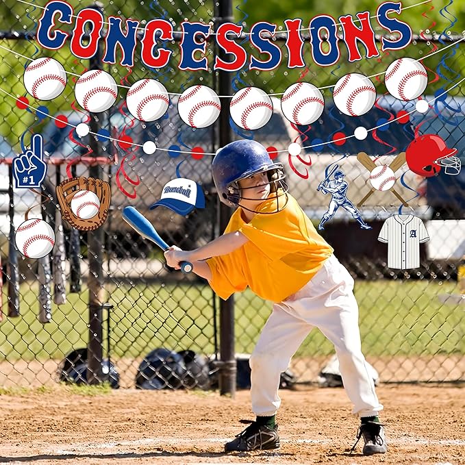 Baseball Party Decorations Pre-strung Concessions Baseballs Banner with Blue Red White Honeycomb Balls Baseball Theme Hanging Swirls Circle Dots Garland for Concessions Birthday Party Decor