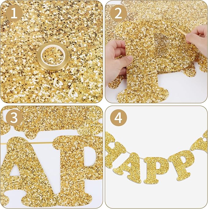 Gold Happy Birthday Banner Birthday Party Decorations Happy Birthday Banner Bunting Garland Sign for Kids Boys Girls Adults Birthday Baby Shower Celebration Party Backdrops Supplies