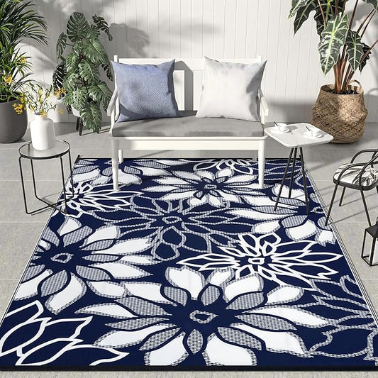 GENIMO Outdoor Rug Waterproof for Patio Decor, 6' x 9' Reversible Plastic Straw Floral Camping Carpet, Large Area Rugs Mats for RV, Camper, Deck, Balcony, Porch, Beach, Picnic, Blue & White