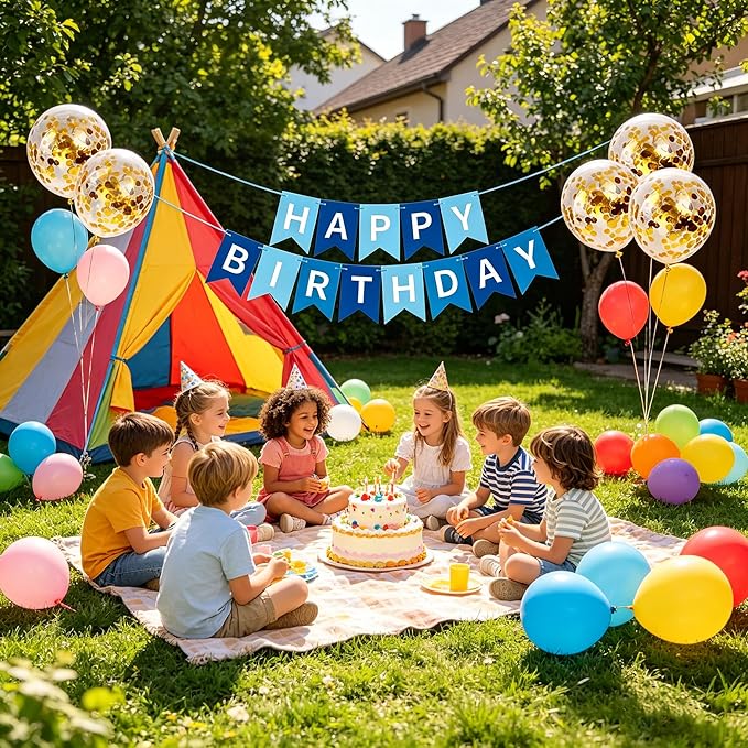 Happy Birthday Banner Sign Bunting Hanging Decorations with Shiny Gold Balloons Birthday Party Sign Decor for Party Supplies(Blue+White)