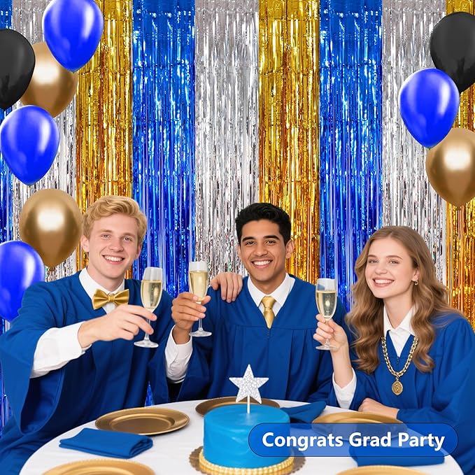 BEISHIDA 3Pcs Blue Silver Gold Door Streamer Backdrop Foil Fringe Tinsel Curtains Backdrops for Boy Men Birthday Baby Shower Graduation Decoration (3.28 ft x 6.56 ft)