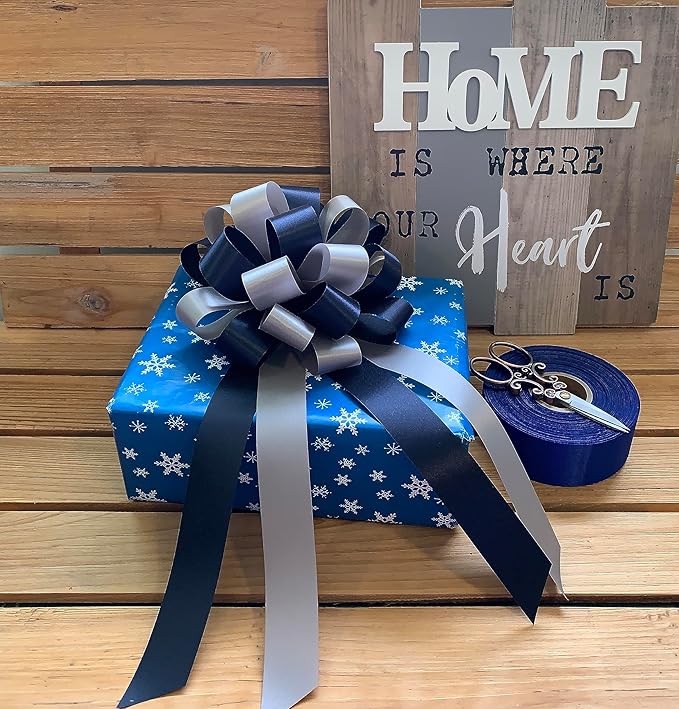 Navy Blue & Silver Decorative Pull Bows - 8" Wide, Set of 6, Police Support, Christmas, Hanukkah, Wedding Ribbons, Father's Day, School Dance, Boxing Day