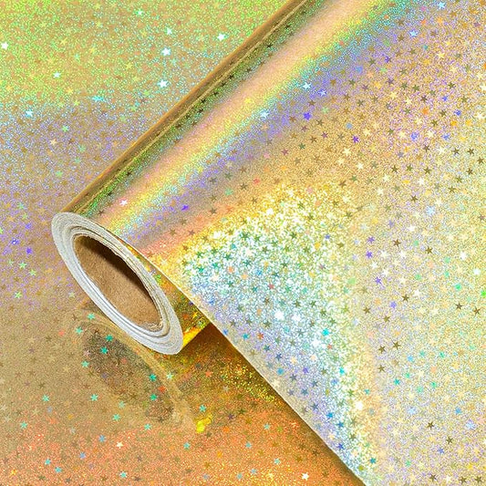 Burymento Golden Wrapping Paper Roll, Metallic Holographic Star Gift Wrap for Birthday, Valentines, Mothers day, Graduation, Wedding, Fathers day, Baby Shower, Christmas (17 IN x 32.8 FT)