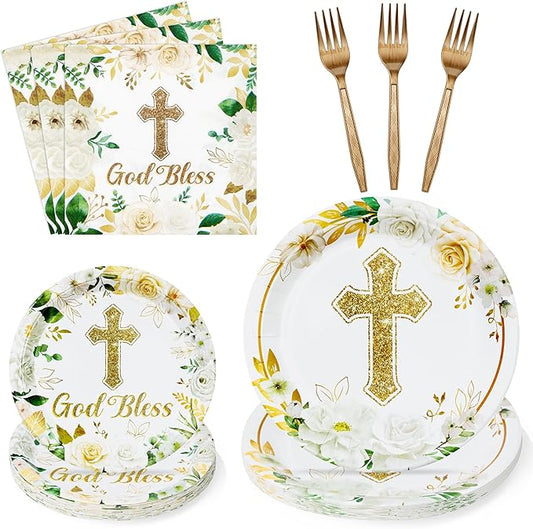 God Bless Flower First Holy Communion Baptism Floral Religious Mi Bautizo Party Plates Supplies - Serves 24-96Pcs Tableware Decorations Disposable Paper Plates Napkins Forks for Birthday