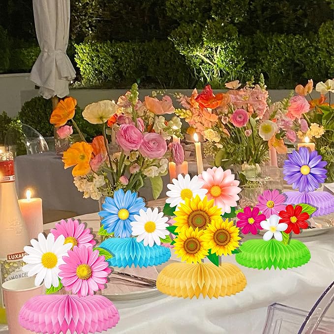 9Pcs Colorful Daisy Flower Honeycomb Centerpieces, Floral Table Toppers, Spring Summer Decor for Birthday Baby Shower Wedding Garden Tea Pool Luau Party Supplies