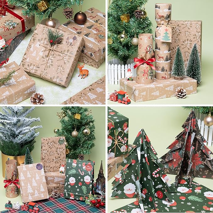 Larcenciel Christmas Gift Wrapping Paper Set, 6 Sheets with Tags, Stickers, Twine and Tape, Classic Holiday Kraft Wrapping Paper, Green Brown Elegant Xmas Gift Wraps for Girly, Boys, Coworker, Friends