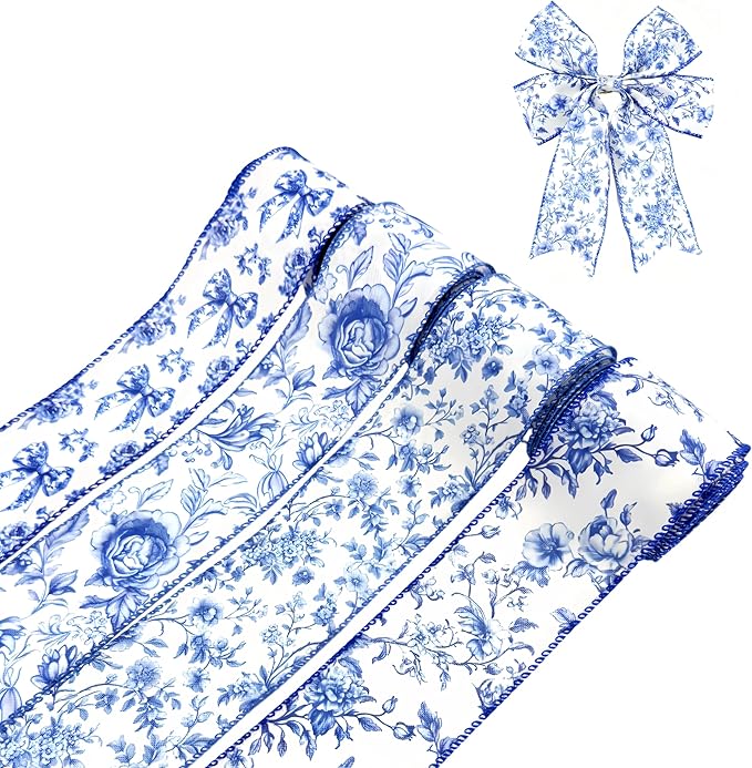 Blue Floral Wired Ribbon, Vintage Chinoiserie Fabric Craft Ribbon for Gift Wrapping, Wedding Decor, DIY Crafts, 4 Rolls, 2.5 Inch x 20 Yards (Blue)