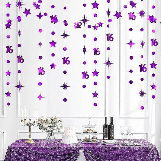 Purple Number 16 Circle Dot Twinkle Star Garland Kit Metallic Hanging Streamer Bunting Banner Backdrop Decorations for Girls Boys 16th Birthday Sweet Sixteen Wedding Anniversary Bridal Shower Party