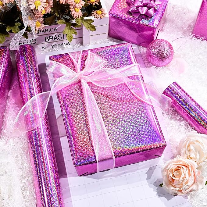 Burymento Pink Wrapping Paper Roll, Metallic Holographic Diamond Gift Wrap for Birthday, Valentines, Mothers day, Graduation, Wedding, Fathers day, Baby Shower, Christmas (17 IN x 32.8 FT)