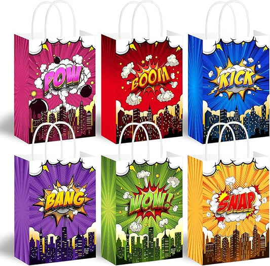 BATYONGOGA 24PCS Hero Goodie Bag with Handles, Hero Kraft Paper Party Favor Treat Bags, 6 Comic Styles | Birthday Supplies & Decorations for Kids Baby Shower