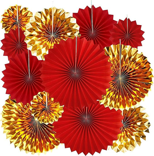 Red and Gold Hanging Paper Fans - Wedding Anniversary Bachelorette Birthday Graduation Party Christmas New Years Event Party Ceiling Hangings Photo Booth Backdrops Decorations, 12pc