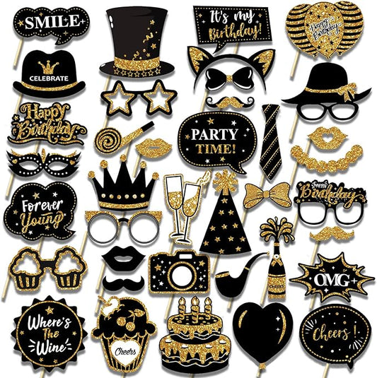 38PCS Birthday Photo Booth Props - Happy Birthday Graduation Wedding Party Favors Supplies Bday Party Decor Funny Cute Holiday Selfie Supplies (Gold Black)
