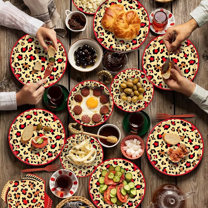 100 Pcs Leopard Print Tableware Party Supplies - Disposable Animal Print Dinnerware Set with Paper Plates,Napkins for Safari Theme,Jungle Birthday Party - Serves 25