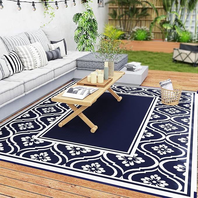 Outsunny Outdoor Rug for Patio, 8' x 10' Waterproof Large Mat, Reversible Plastic Straw Rug for Decor, Portable Outside RV Camping Area Carpet Mat for Backyard Porch Deck Picnic, Blue & White Gourd