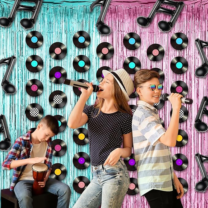 VioraWhite 18pcs 50s Musical Party Decoration Retro Record Garlands Streamers Fringe Curtains Music Note Balloons Photo Backdrop for Music Rock and Roll 70s Birthday Party Supply