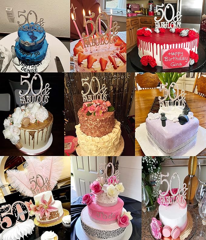 Honbay 50 & Fabulous Birthday Cake Topper Sparkly Bling Alloy Crystal Rhinestones Cake Topper Cake Decoration for 50th Birthday or Anniversary Party