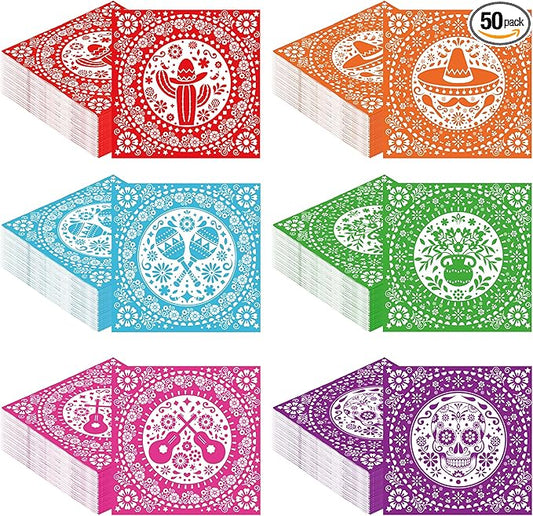 50 Pack Cinco De Mayo Napkins, Disposable Cocktail Napkins Papel Picado Mexican Themed, Colorful 4-Ply Fiesta Paper Hand Towel Decorations Dinner Tableware for Mexican Party Dinner Supplies, 6.5 Inch