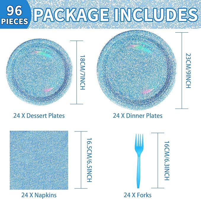 96 Pcs Blue Party Supplies Holographic Rainbow Light Blue Plates and Napkins Tableware Set Iridescent Blue Party Decorations for Summer Birthday Party Wedding Anniversary Bridal Baby Shower Serves 24