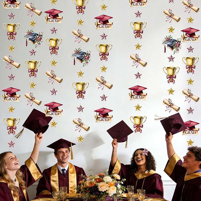 Maroon Gold Graduation Party Hanging Streamer Floral Burgundy Gold Star Grad Cap Garland Banner for Congrats Grad Class of 2026 You Did It We are So Proud of You Themed Party Decorations Supplies
