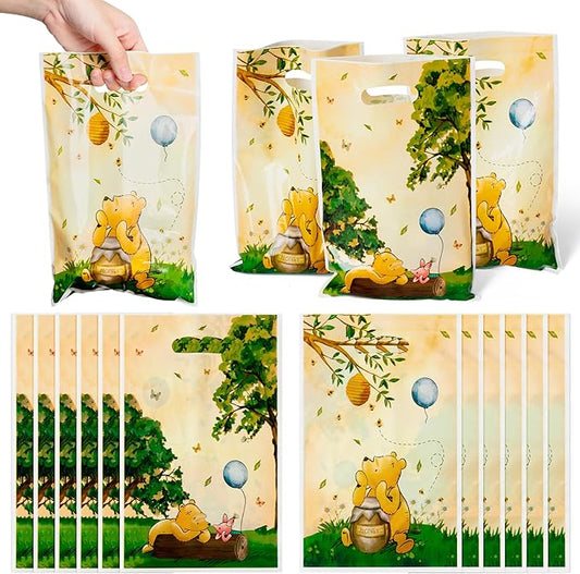 Cute Winnie Party Favor Bags - 50PCS Vintage Winnie Plastic Gift Bags with Handle Cute Winnie Baby Shower Party Favors Gift Bag Winnie Themed Birthday Parties Candy Decoration Bags