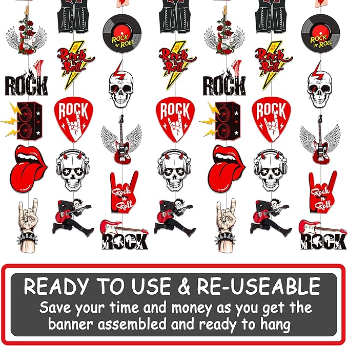 8pcs Rock and Roll Party Hanging Garlands Rock Music Room Wall Decor Rockstar Birthday Ceiling Garlands Rock Guitar Party Decorations for Muscial Theme Baby Shower Supplies