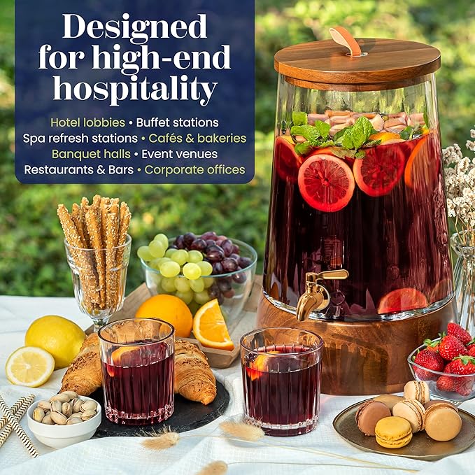 FOODLE Extra Large Glass Drink Dispenser with Spigot - Glass Beverage Dispenser with Stand - Perfect for Parties & Catering - Pitcher for Lemonade, Water, Sangria & Juice - Leakproof Spout - 3 Gallon