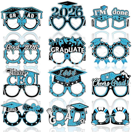 2026 Graduation Party Decorations Glasses, 12 Pcs Class of 2026 Grad Party Eyeglasses Photo Props, Graduation Photo Booth Props for Women Men College Graduation Favors Supplies (Blue)