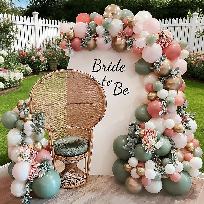 Bridal Shower Balloon Arch Garland Kit, 139pcs Sage Green Retro Dusty Pink Metallic Gold Balloons for Bachelorette Bride To Be Wedding Birthday Party Decorations