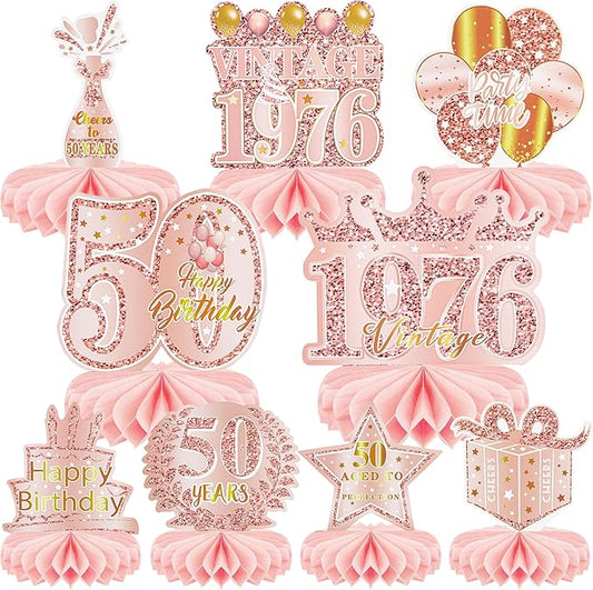 9 Pcs 50th Birthday Decoration for Women Happy 50th Birthday Table Honeycomb Decorations Rose Gold Pink Centerpieces Tables Toppers 1976 Decor Cheers to 50 Years Old Birthday Party Favors