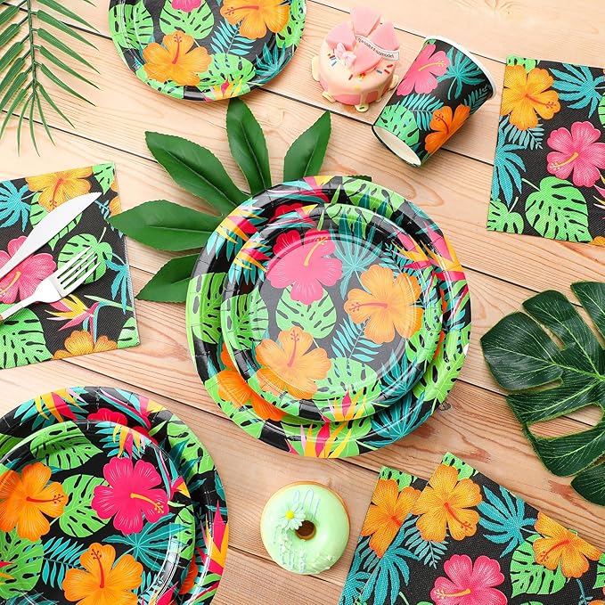 Jingmore 200 Pcs Tropical Nights Hawaiian Aloha Party Supplies Serve 50 Guests Luau Paper Plates Cups Napkins for Summer Beach Tableware Pool Party