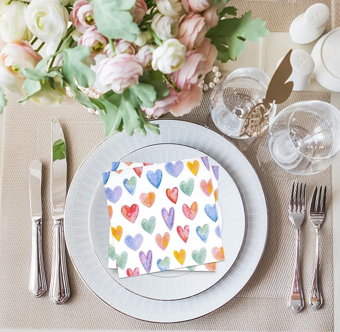 100 Colorful Heart Cocktail Napkins 3 Ply Disposable Paper Napkins Rainbow Love Design Party Supplies Birthday Wedding Baby Shower Tableware