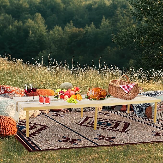 Folding Picnic Table with Table Runner, Portable Boho Low Picnic Table for Indoor Outdoor, 80" x 30" Wooden Table with Adjustable Heights for Camping, Wedding, Beach, Garden, Party (Large Size for 8)