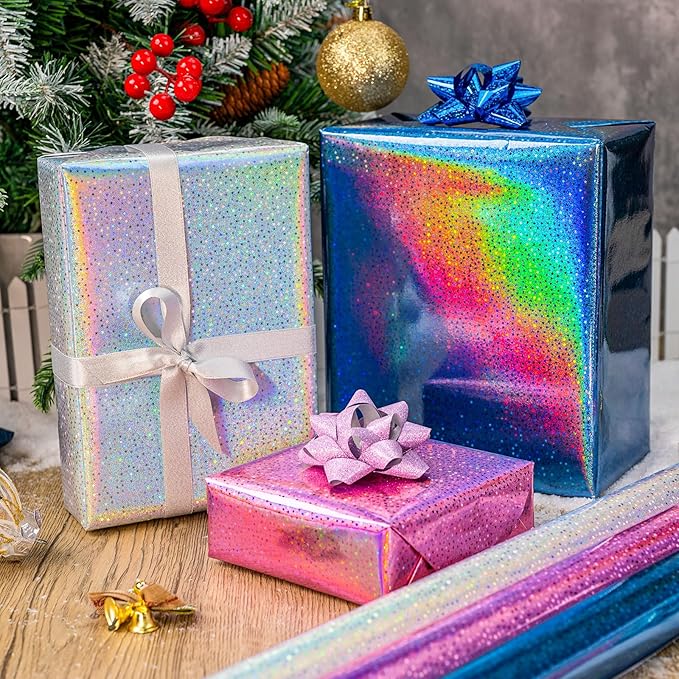 Burymento Mini Wrapping Paper Roll, Metallic Holographic Star Gift Wrap for Birthday, Valentines, Mothers day, Graduation, Wedding, Fathers day, Baby Shower, Christmas (17 Inch x 120 Inch - 3 Rolls)