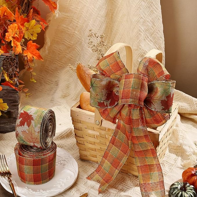 LaRibbons Fall Burlap Plaid Ribbon Wired 2 1/2" x 10 Yards 2 Rolls, Maple Leave Plaid Ribbon for Autumn Wreath Thanksgiving Farm Gift Wrapping Home Decor