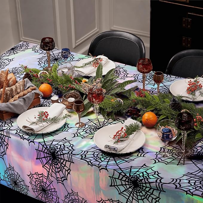 Cheerland Spiderweb Tablecloth Iridescent Holographic Foil Table Cover Halloween Decorations Disposable Plastic for Ghoul Birthday Bridal Shower Spooky Emo Gothic Summerween Party Supplies 2pcs
