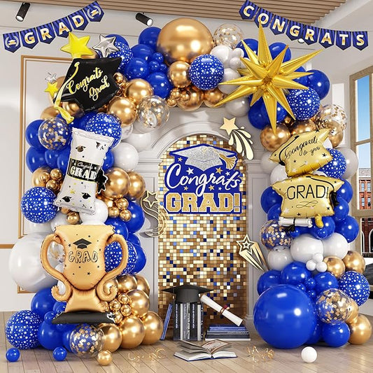 Graduation Balloon Arch Kit 2026 Royal Blue Gold White Graduation Balloons with Explosion Star,Diploma,Trophy,Grad Hat Foil Balloon for Class of 2026 Graduates Celebration Party Decoration(Blue)
