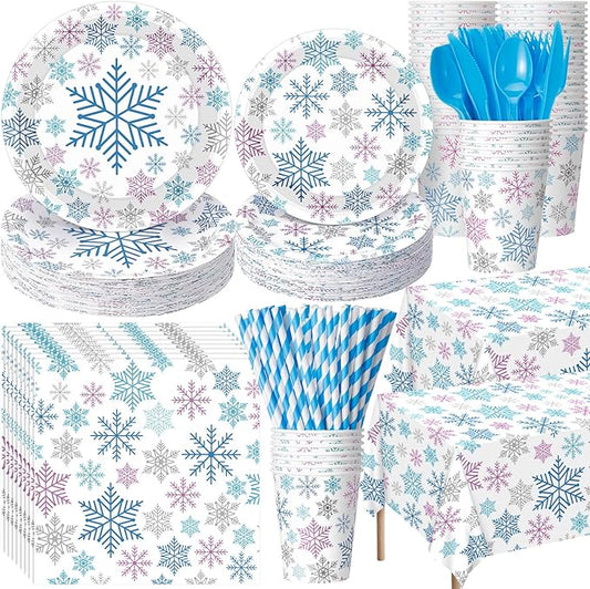 Funnymoom 452 Pcs Winter Decoration Wonderland Snowflake Party Supplies, Blue Pink Silver Snowflake Paper Plates Napkins Cups Tablecloth Cutlery Straws for Christmas Gender Reveal Baby Shower Party