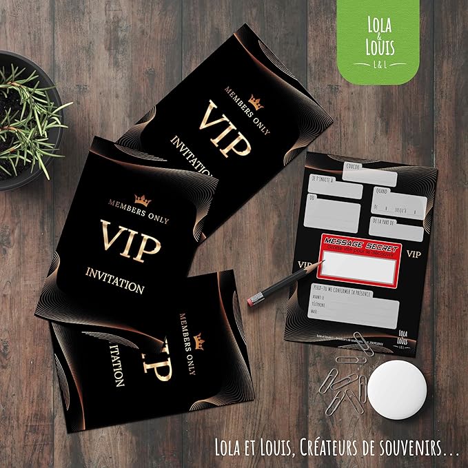 Complete Invitation Kit for 10 Guests Girls or Boys: Envelopes, Secret Message, Scrape, VIP Birthday Invitation Cards, Club Evening Decoration, Stickers Invitations Follow-up • Lola and Louis®
