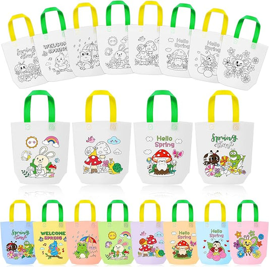 Hello Spring Coloring Goodie Bags for Kids - 24Pcs Welcome Spring Bulk Color Your Own Gift Bags with Handle SpringTime Reusable Coloring Bag Non Woven Tote Bag for DIY Crafts Painting Party Favor Supplies