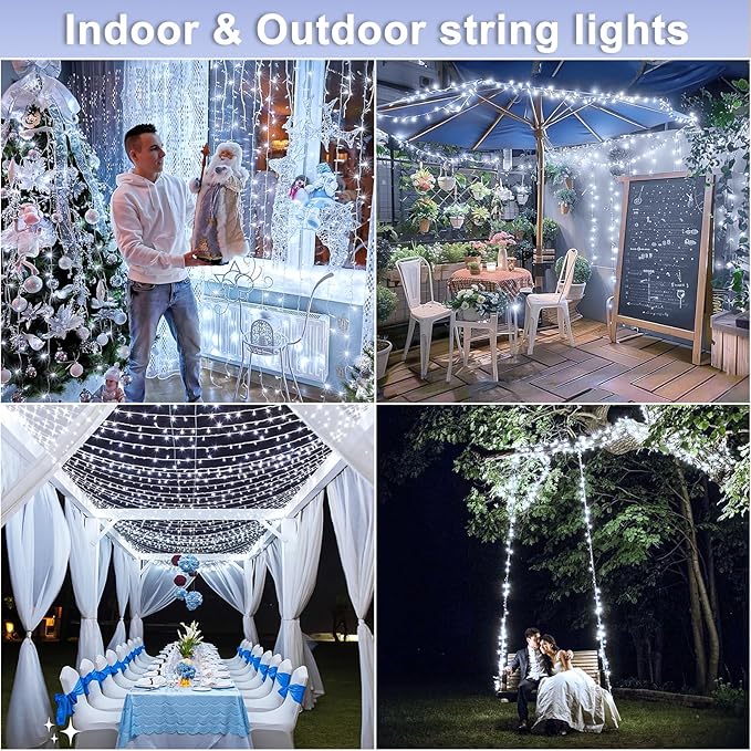 600 LED White Christmas Lights Outdoor 197ft 8 Modes White Christmas String Lights Clear Wire, Plug in Twinkle Fairy Lights for Bedroom Wedding Christmas Tree Decorations