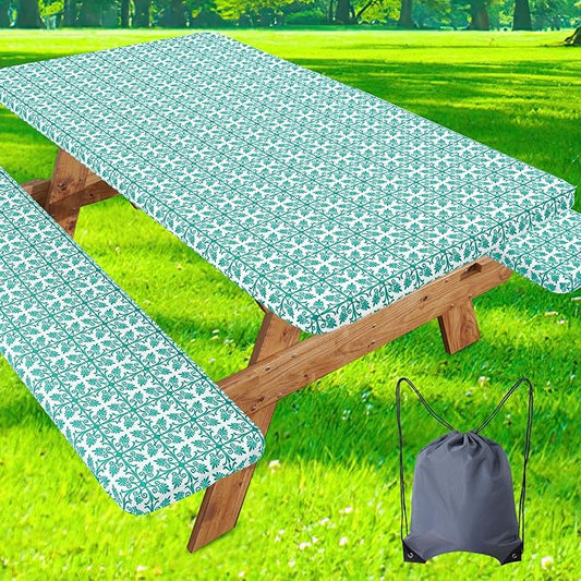 misaya Picnic Table Cover with Bench Cover, Waterproof Elastic Fitted Tablecloth for 6 Foot Tables, Rectangle Washable Polyester Tablecloths for Picnic, Camping, Outdoor (Teal, 30" x 72")